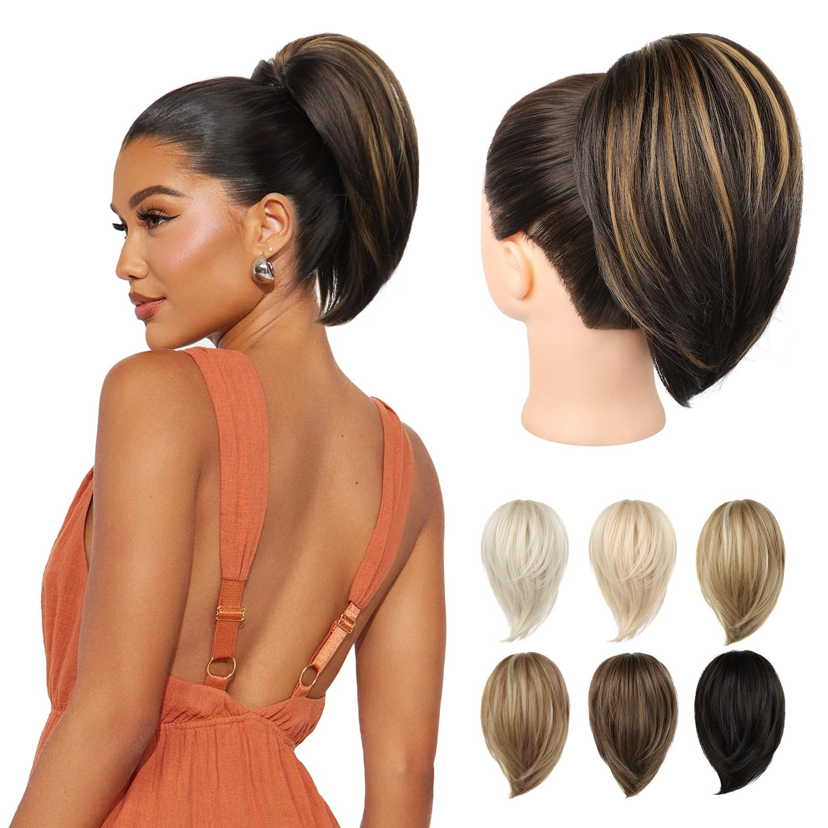 REECHO Ponytail Extension，Claw Clip Hair Bun Hair Piece Short Straight Ponytail Hair Extensions Messy Hair Bun Natural Synthetic Fake Ponytail Hair Pieces for Women- Dark Brown with Highlights