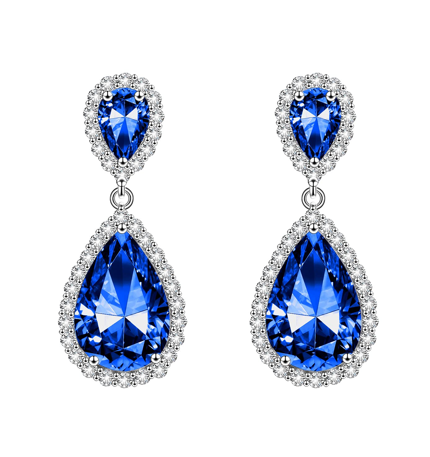 KristLand Silver Tone Elegent 18k White Gold Plated Sparkle Cubic Zirconia Stone Water Drop Dangle Studding Drop Earrings Blue