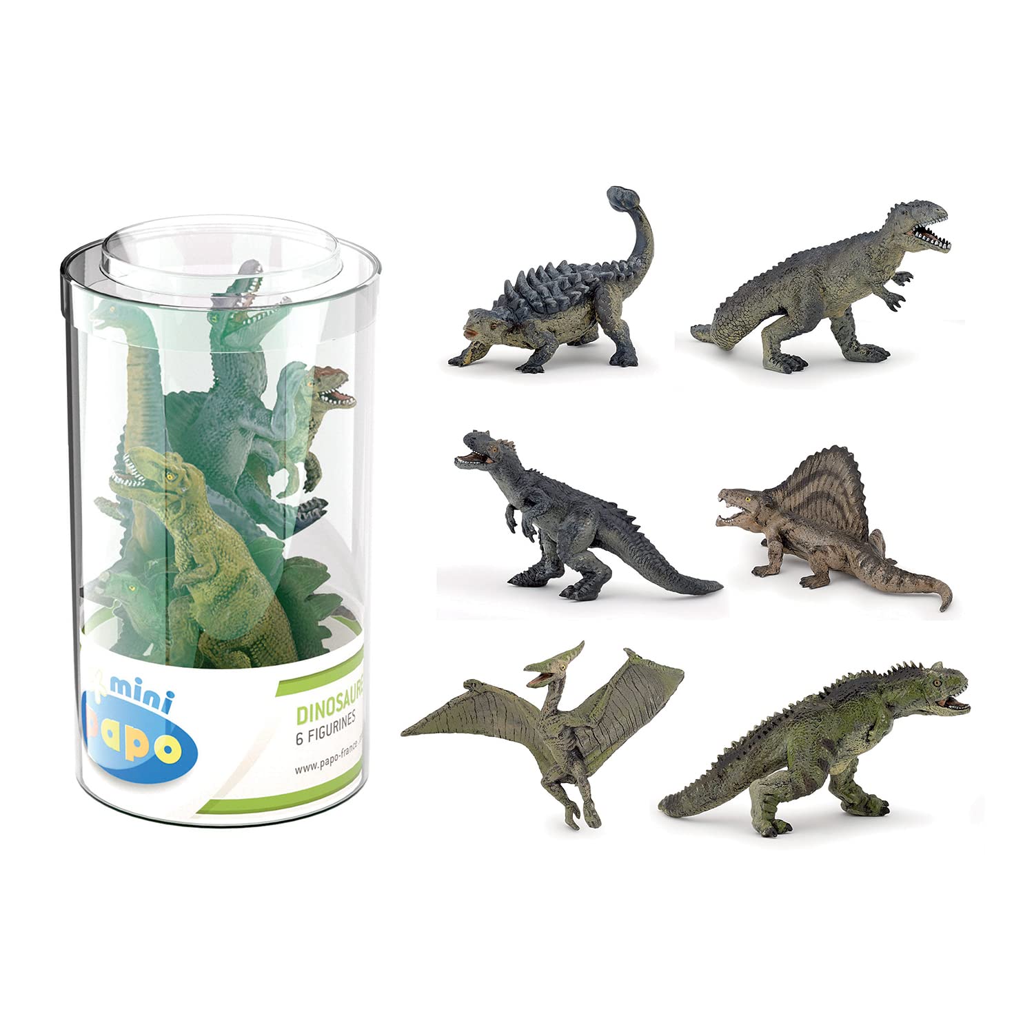 Papo Figurines, 33019 Mini Plus Dinosaurs Set 2 (Tube, 6 pcs), Multicolour