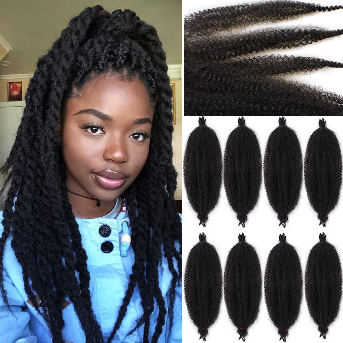 Leeven 20 Inch Springy Afro Kinky Hair Extensions for Braiding 8 Packs Pre Fluffed Popping Spring Twist for Crochet Locs Black Marley Braiding Hair Extensions /1B# — image 1