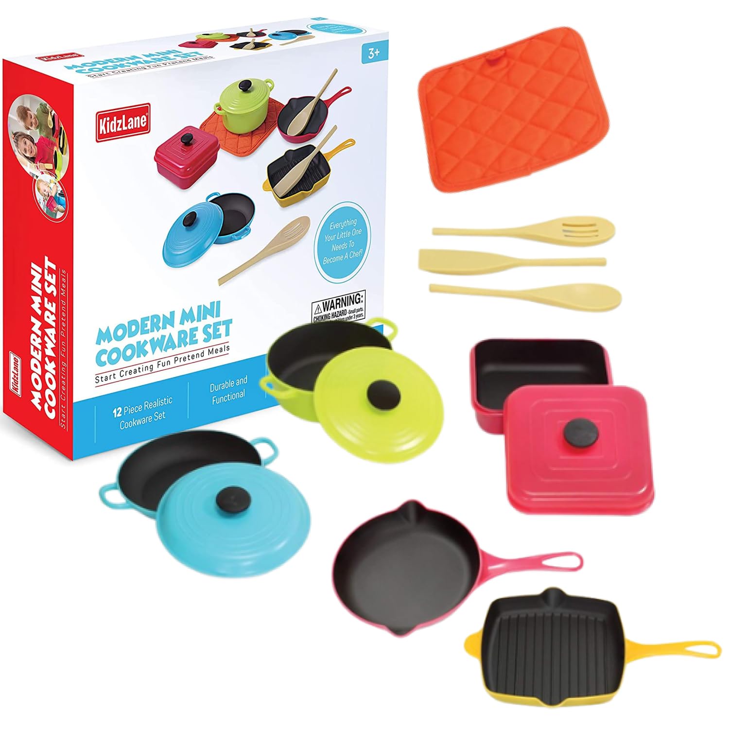 Kidzlane Kids Play Pots and Pans for Toddlers | Durable Mini Cooking Set for Kids Toy, BPA Free, Dishwasher Safe | Kids Pots and Pans Playset | Pretend Play Kitchen Accessories for Kids and Toddlers