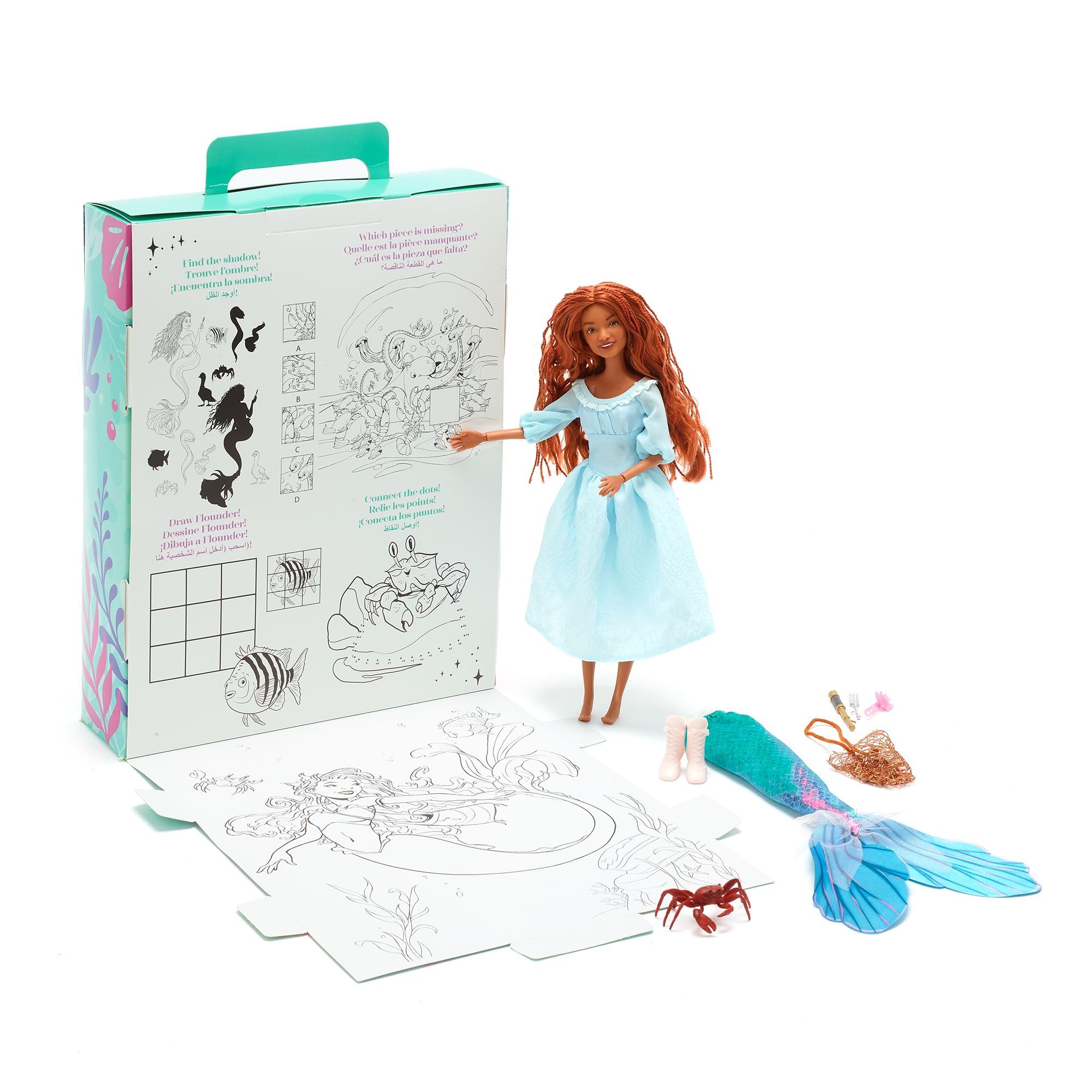 Disney Store Official Ariel Story Doll, The Little Mermaid (Live Action 2023), 24.5cm/9”, With Sebastian, 2 Outfits, Accessories, Colouring & Activity Pack, Box that Folds to a Play Stage, Ages 3+