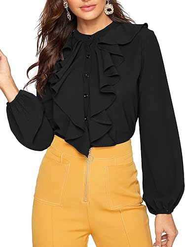 SheIn Women's Long Sleeve Button Down Lotus Ruffled Work Shirt