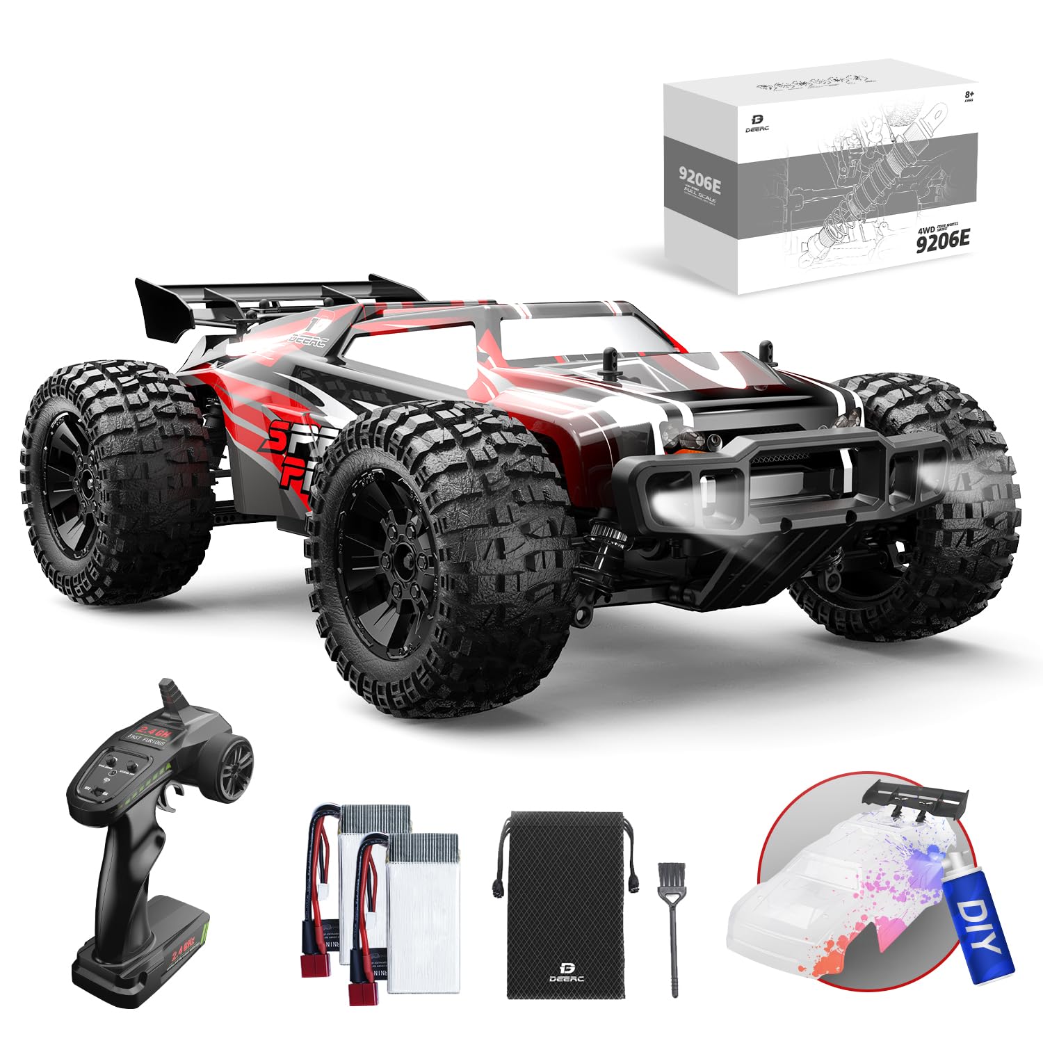DEERC 9206E 1:10 Scale High-Speed RC Car, 48+ KM/H 4WD All-Terrain Off-Road Monster Truck with DIY Extra Shell, 2.4GHz Remote Control, 2 Batteries, 40+ Min Playtime for Adults & Boys