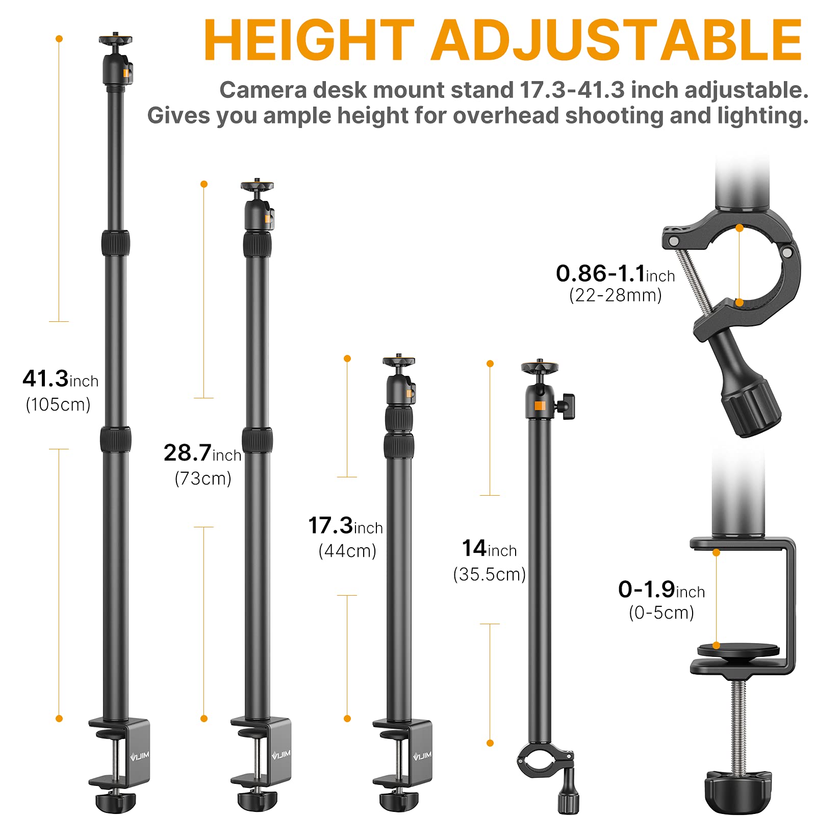 jusmo Camera Desk Mount with Auxiliary Holding Arm, Overhead Camera