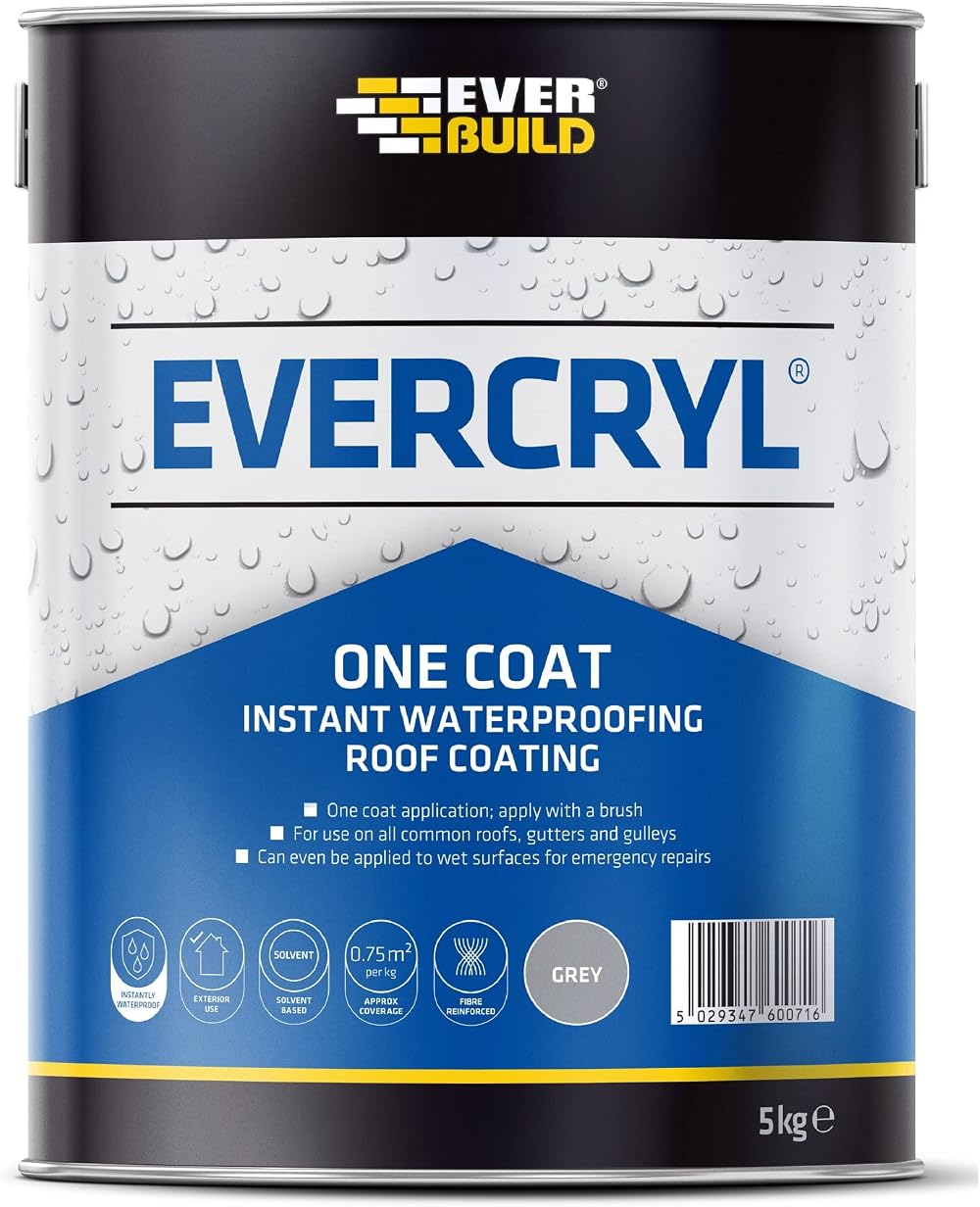Everbuild Evercryl One Coat Waterproofing Grey 5kg Roof Gutter Sealant Repair