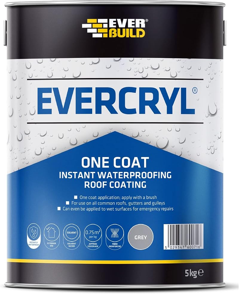 Everbuild Evercryl One Coat Waterproofing Grey 5kg Roof Gutter Sealant Repair