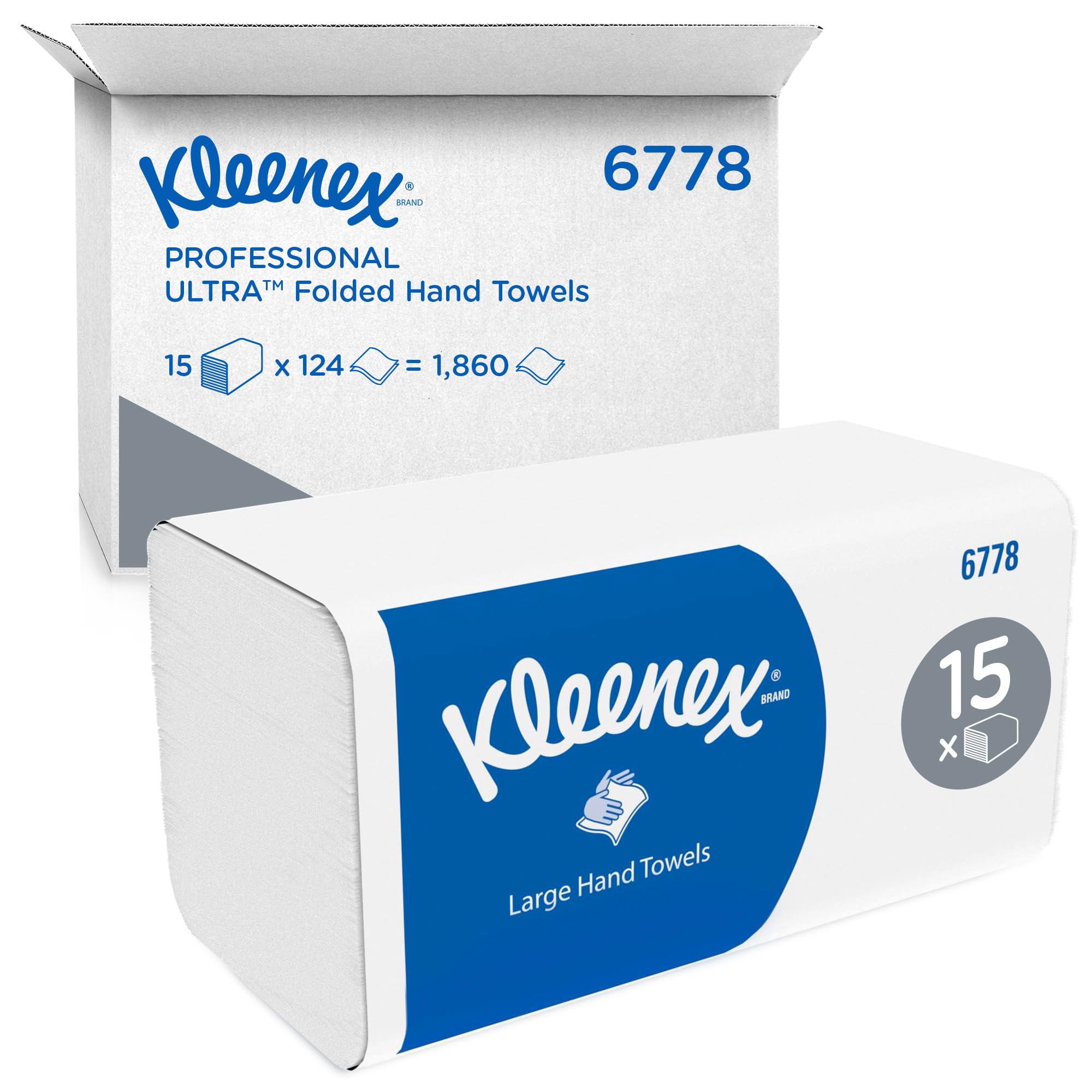 Kleenex Ultra Paper Towels, V-Fold 2-Ply White Interfold Towels, Ultra-Absorbent, Tear-Resistant, FSC Certified, 15 Packs x 124 Sheets (1,860 Sheets Total), Model Nr. 6778