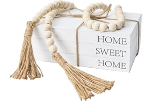 OMISHE Decorative Books for Home Decor, White Faux Books for Decoration, Rustic Farmhouse Stacked Display Books with 52in Wood Bead Garland for Coffee Tables Living Room, (Home Sweet Home)
