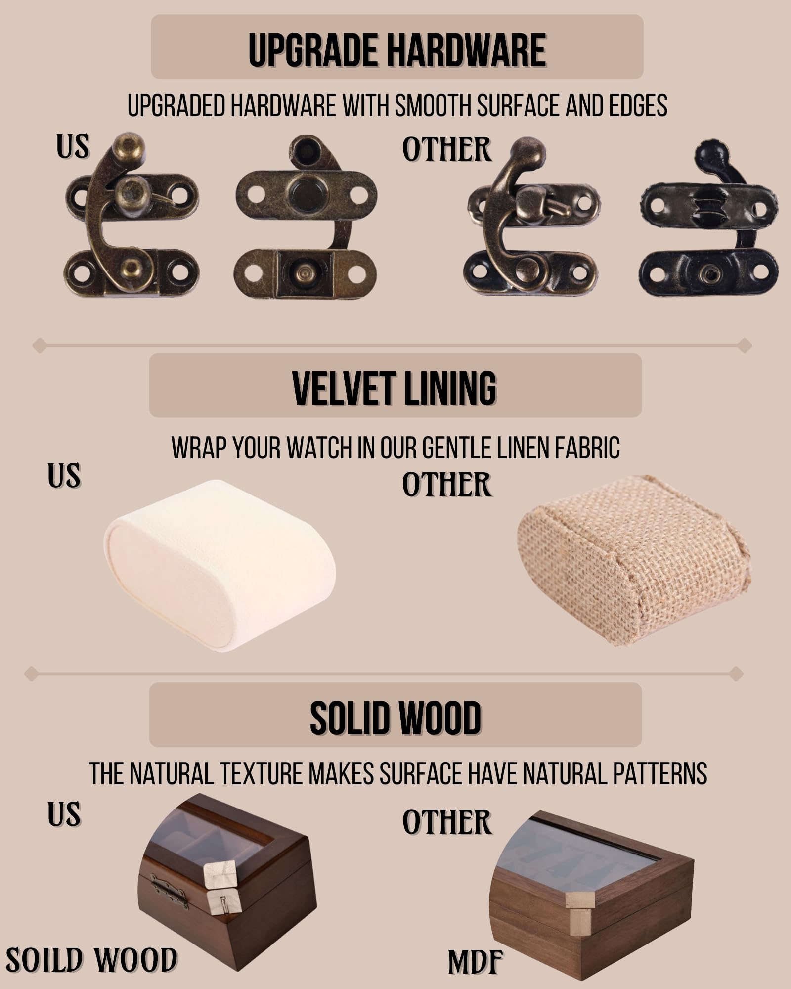 Exper City Watch Box, Watch Case for Men Women with Large Glass Lid, Wooden Watch Display Storage Box with 12 - Slots, Classic Walnut Mens Watch Box Organizer