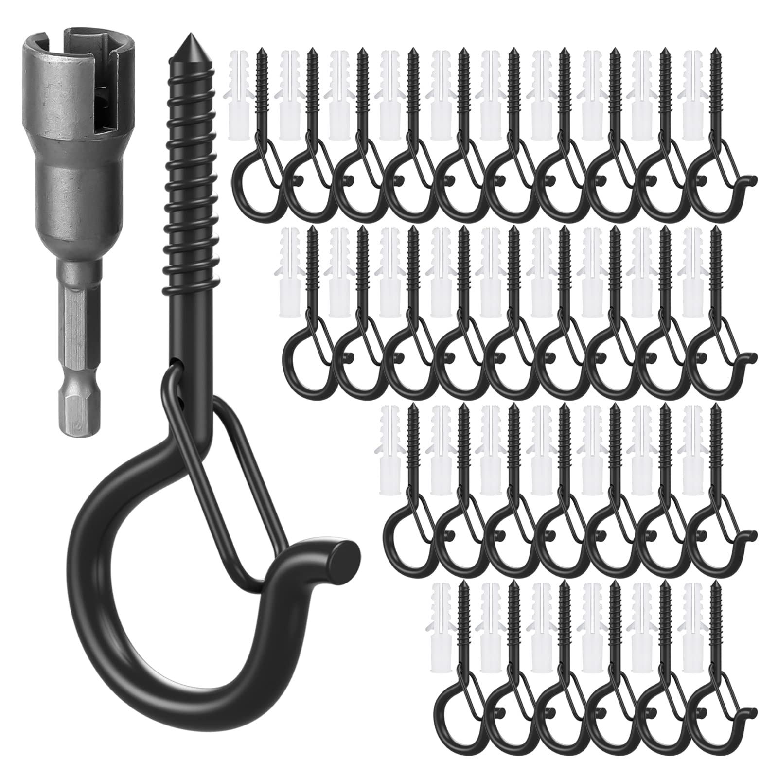 GIPTIME 32 Set Q Hanger String Light Hook, Ceiling Hooks Screw Christmas Rope Light Clips, Fairy Lights Plants Wind Chimes Decoration Hanging Safety Buckle Design, Include Wing Nut Driver