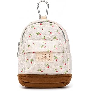 Mini Backpack Coin Purse Keychain, Floral Canvas Zipper Pouch(Apricot)