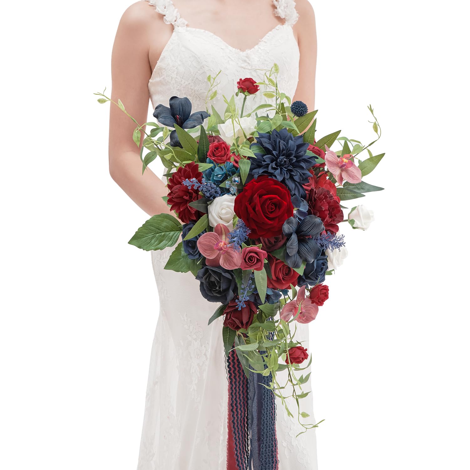 Photo 1 of TINGE TIME 17 Inch Artificial Bridal Bouquet - Red and NavyBlue, Realistic Silk Wedding Bouquet, Durable Fake Flowers for Brides, Bridesmaids, Home Decor, and Events