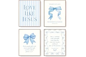 LARTSFRO Coquette Blue Bow Jesus Wall Art Decor Posters, Light Blue Bow Christian Room Bedroom Bathroom Dorm Wall Art Decor Aesthetic for College Teen Girls Gifts, Inspirational Bible Verses Bow Wall Decor, 10x8 Inch Set of 4 Bow Pictures(UNFRAMED)