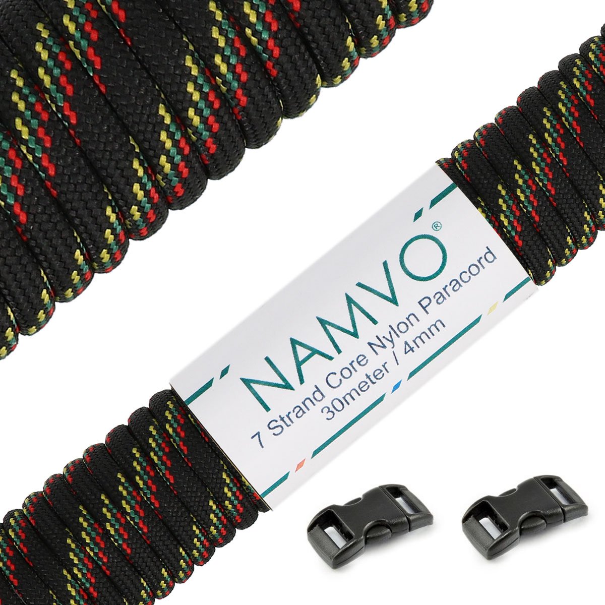 Namvo 550 Paracord Mil Spec Type III 7 strand parachute cord Total Length 100ft / 30 Meters, Black and red green yellow dot