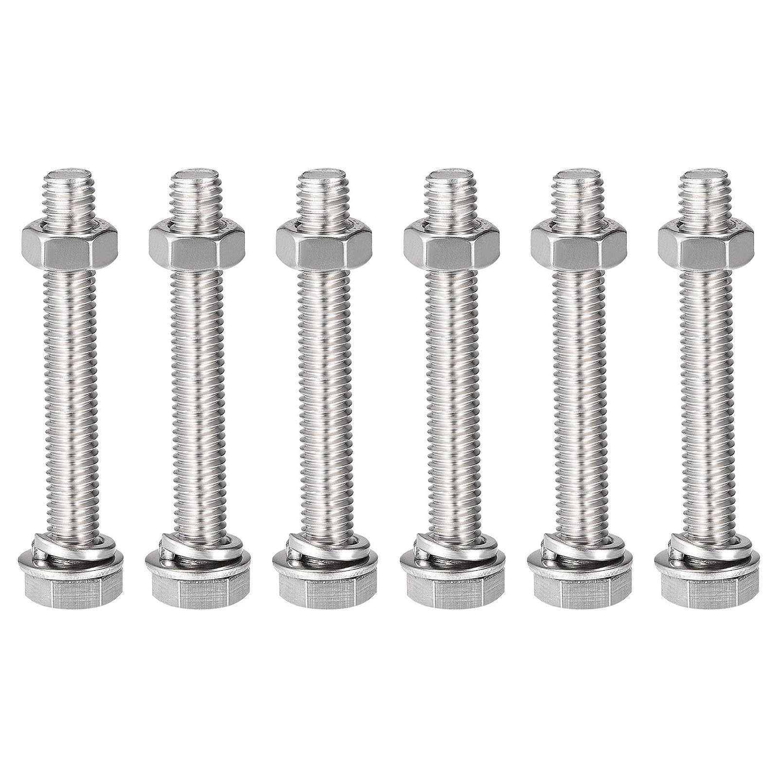 TOP-VIGOR 6Pcs M8 x 55mm Hex Head Screws Bolts, Nuts, Flat & Lock Washers Kits, 304 Stainless Steel Fully Thread Hexagon Bolts for DIY Bike Motorcycles Repair