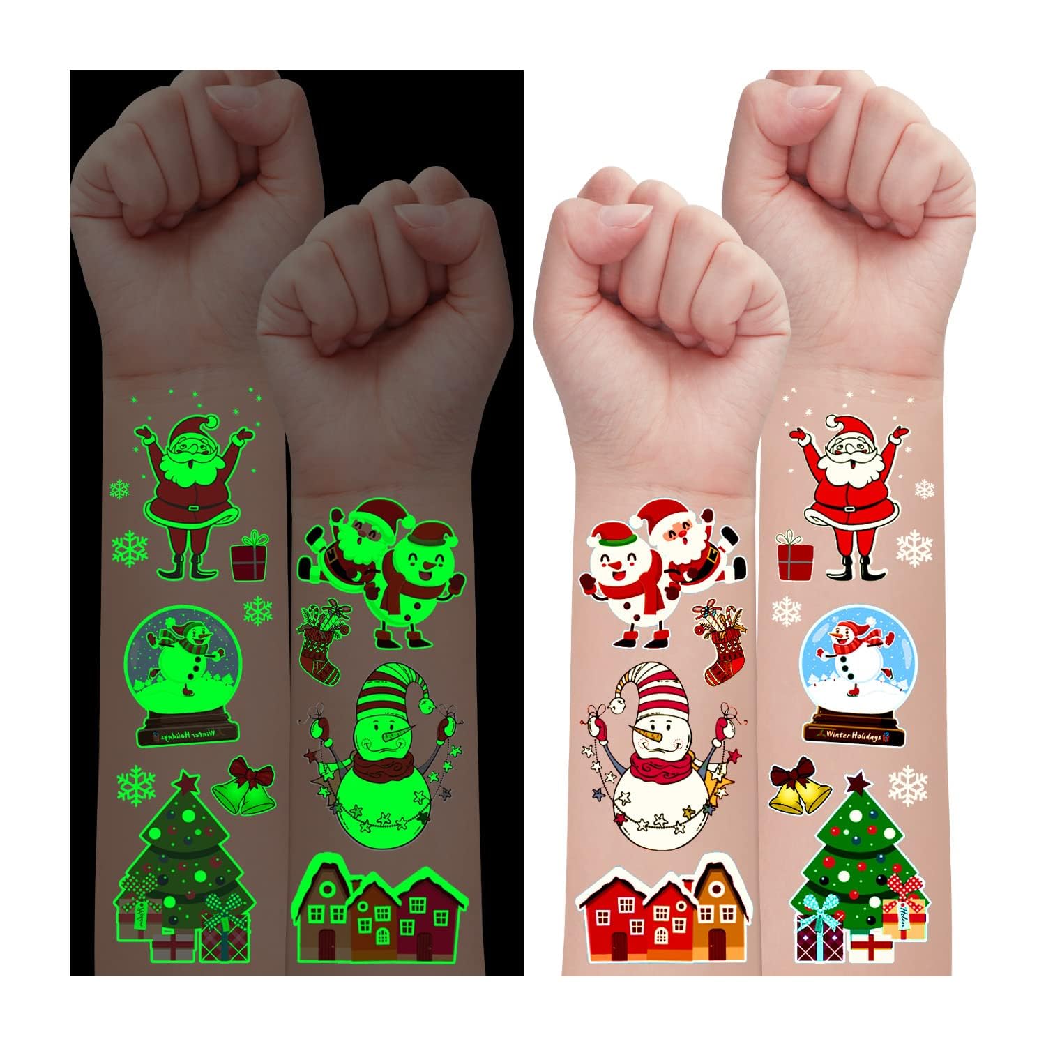 Leesgel Christmas Decorations for Kids, 24 Sheets Glow Temporary Tattoos for Children Christmas Stocking Fillers, Christmas Stickers Eve Box Fillers Toys for Xmas Party Games Supplies Favours