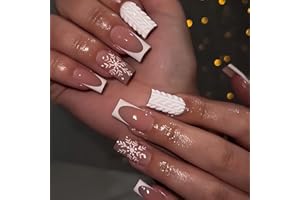 KOOPNATI Christmas Press On Nails Medium Square White French Tips Nails with Glue Winter Snowflake Design,Christmas Nails Short False for Women Holiday Xmas Gifts