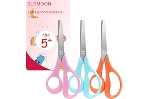 SLEMOON 5" Left Handed Kids Scissors Set of 3 pcs,Suit for Ages 3-5 4-6 6-8,Kids Craft Scissors with Blunt Tip Stainless Steel Blades,Great for School Classroom, Home and Family Daily DIY Arts Use,Blue,Pink