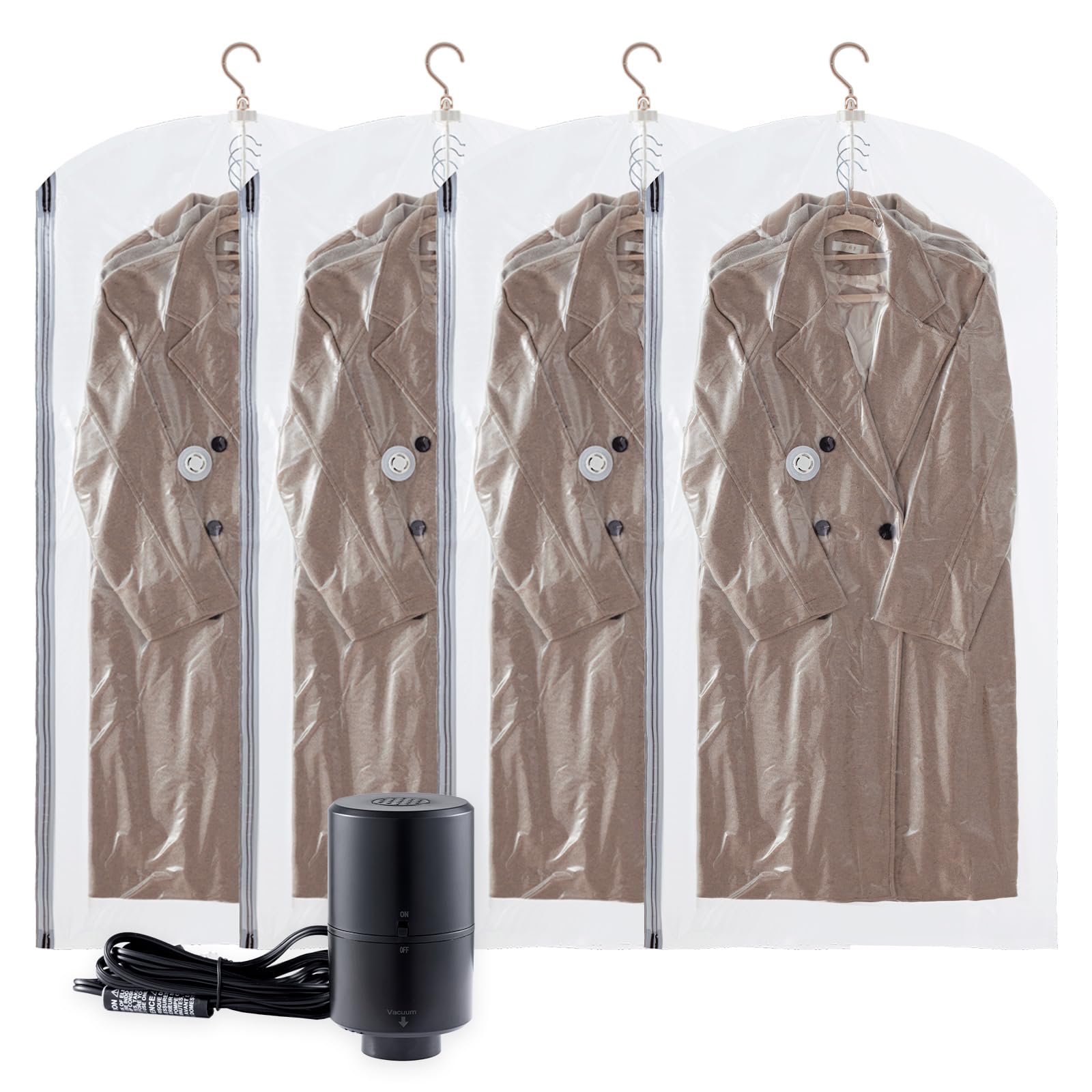 Photo 1 of TAILI Hanging Vacuum Storage Bags with Electric Pump, Vacuum Seal Bags for Clothing Travel, Space Saver Closet Organizer for Clothes, Coats, Suits and Jackets, 4 Long(53x28 in)