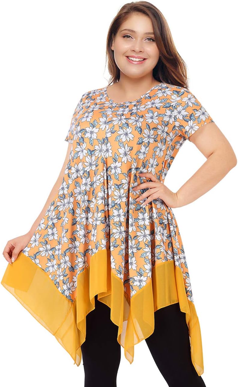 AMZ PLUS Womens Plus Size Irregular Chiffon Hem Short Sleeve Loose Floral Shirt Dress Top