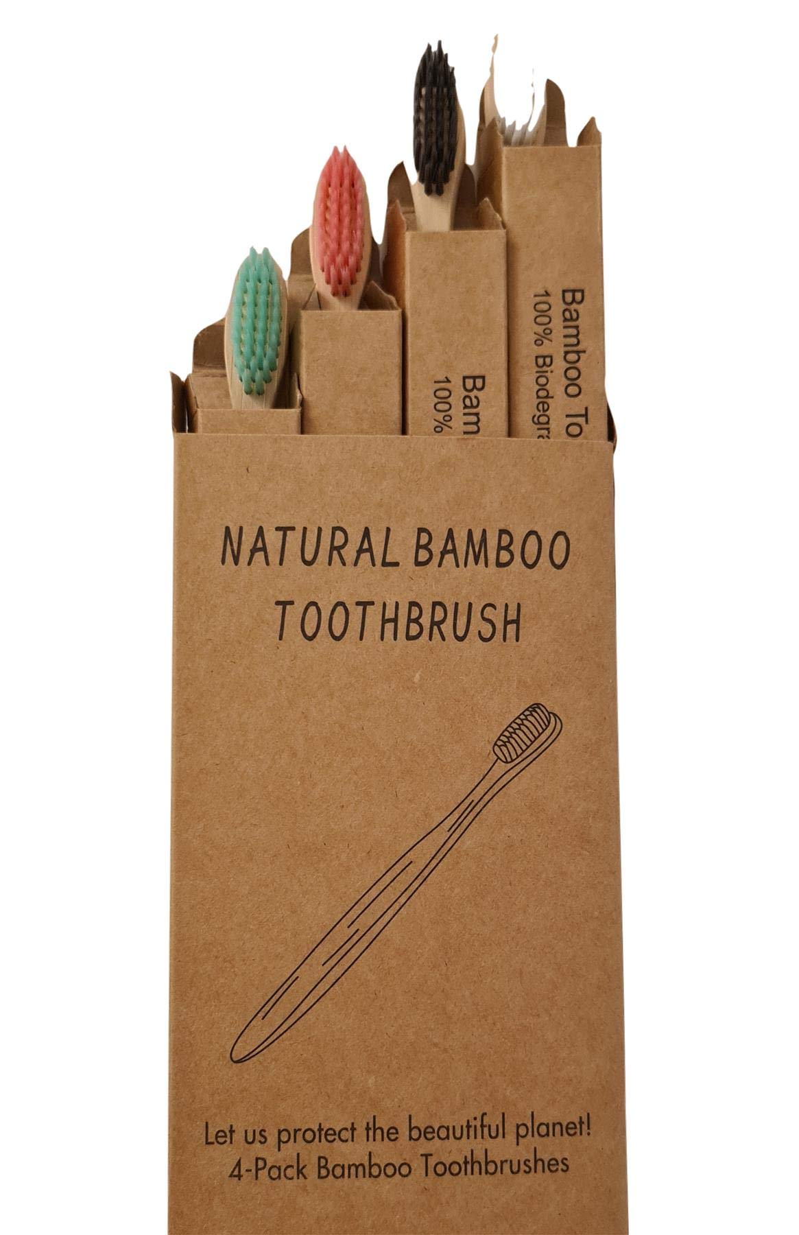 Onlineforu LTD Bamboo Toothbrushes – 4 Pack Wooden Toothbrushes with Soft Bristles & Biodegradable Handles – Multi Colour Brushes for Adults & Family Oral Care