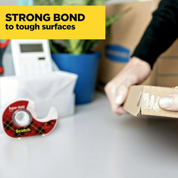 SCOTCH SUPER HOLD, TRANSPARENT, CLEAR GLOSSY FINISH, 4 TAPE ROLLS WITH DISPENSER, TAPE ROLLS FOR HOME OFFICE AND SCHOOL, 3/4 IN. X 650 IN.