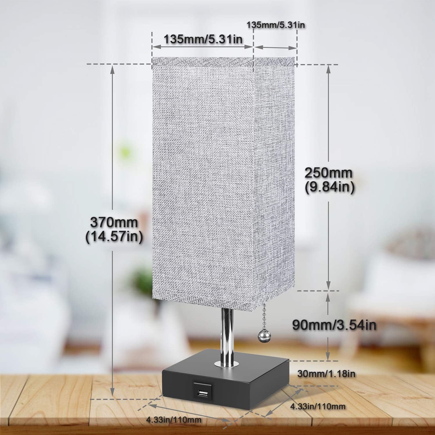 USB Table Desk Lamp, Grey Bedside Nightstand Lamp with USB Charging Port, Solid Wood Unique Lampshade,Convenient Pull Chain for Bedroom Living Room: Home Improvement