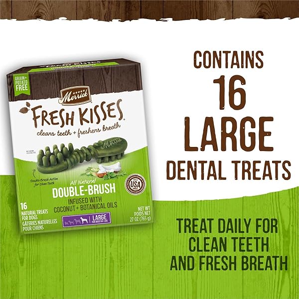 MERRICK FRESH KISSES NATURAL DENTAL CHEWS INFUSED WITH COCONUT AND BOTANICAL OILS FOR LARGE DOGS OVER 50 LBS – 4 CT. BAG