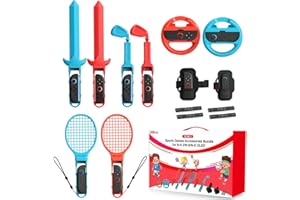 TIMETOP Switch 2 Sports Games Accessories Bundle 10-in-1 Kits Include Tennis Racket, Telescopic Golf Club, Sword, Steering Wheel & Wrist Leg Strap for Family Game Kids for Nintendo Switch 1 / OLED
