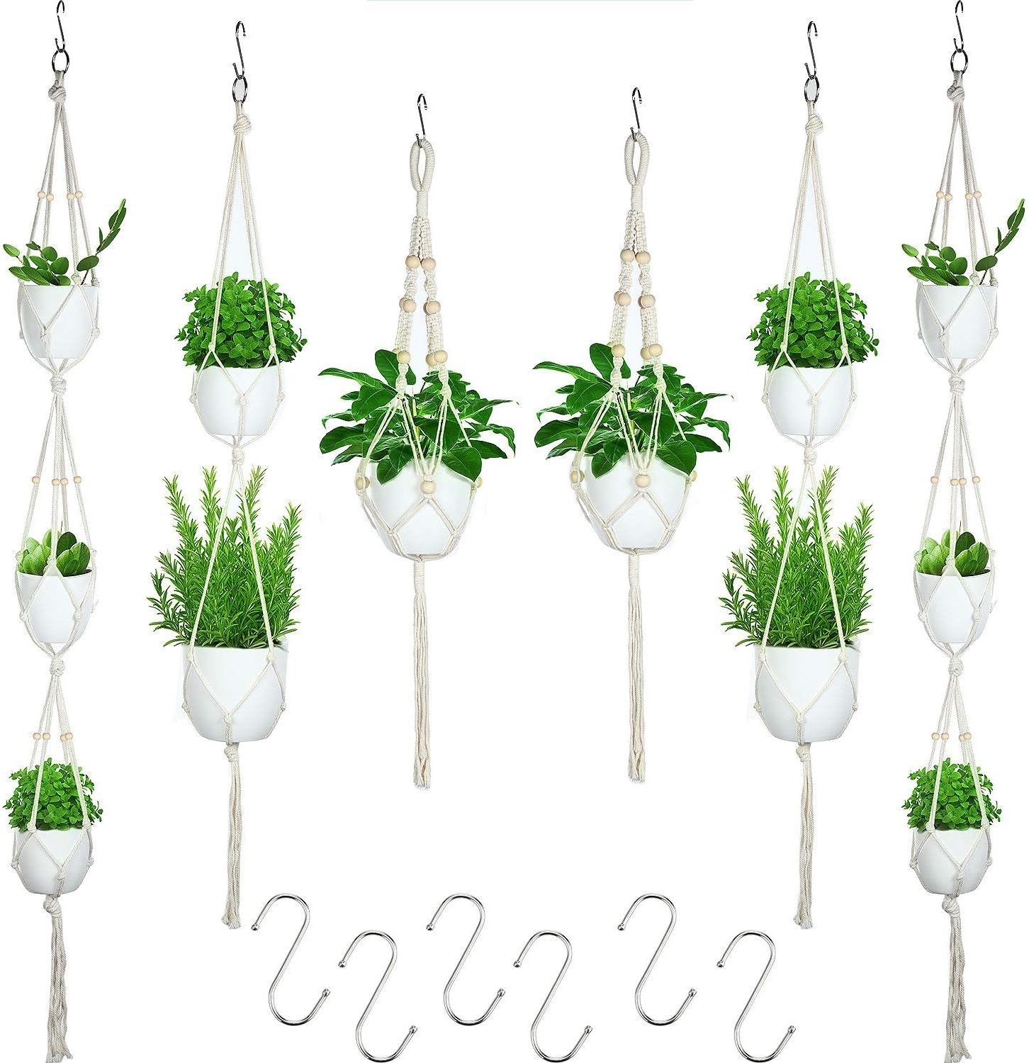 6 Pieces Macrame Plant Hangers with 6 Hooks, Different Tiers