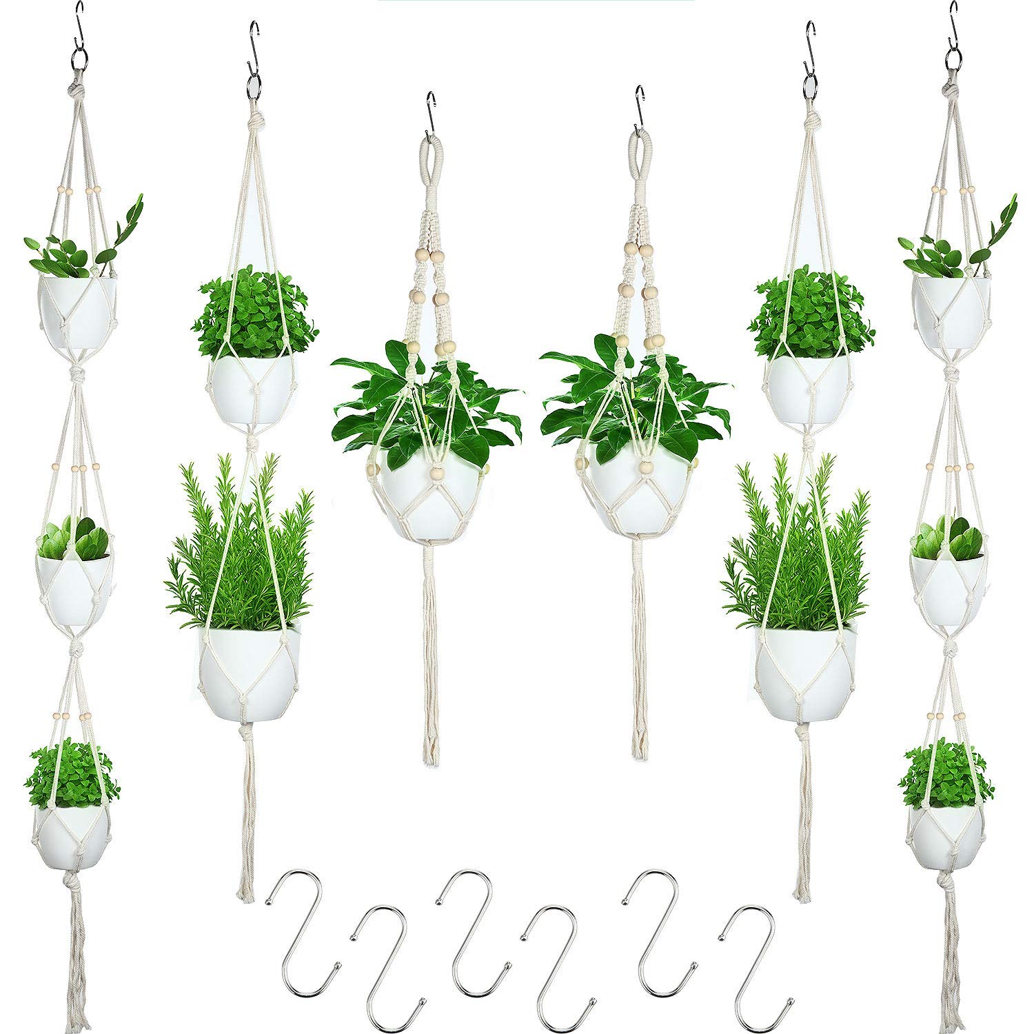 6 Pieces Macrame Plant Hangers with 6 Hooks, Different Tiers, Handmade Cotton Rope Hanging Planters Set Flower Pots Holder Stand Hanging Plant Holder for Indoor Outdoor Boho Home Decor