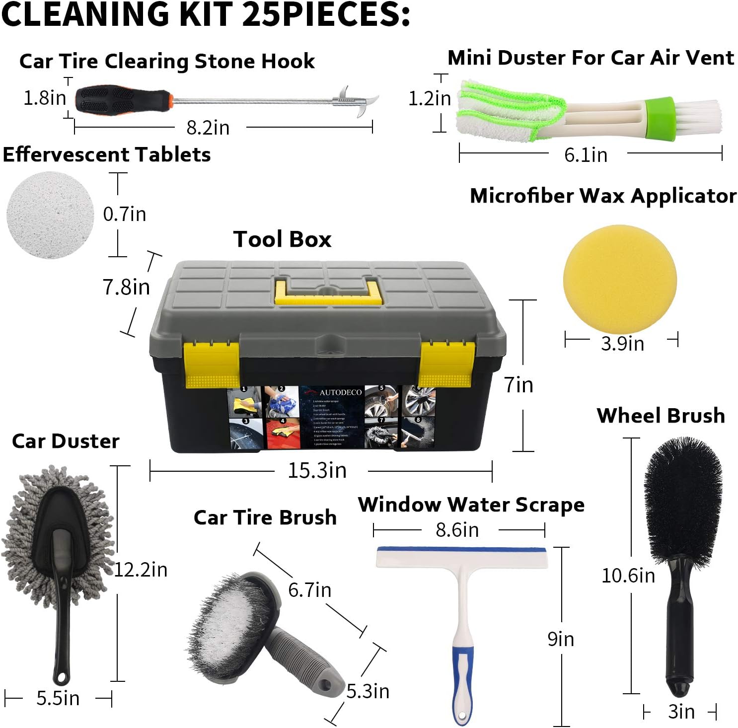 AUTODECO 25Pcs Microfibre Car Wash Cleaning Tools Set Gloves Towels Applicator Pads Sponge Car Care Kit Wheel Brush Car Cleaning Kit with Storage Box Black Grey Yellow Handle: Automotive