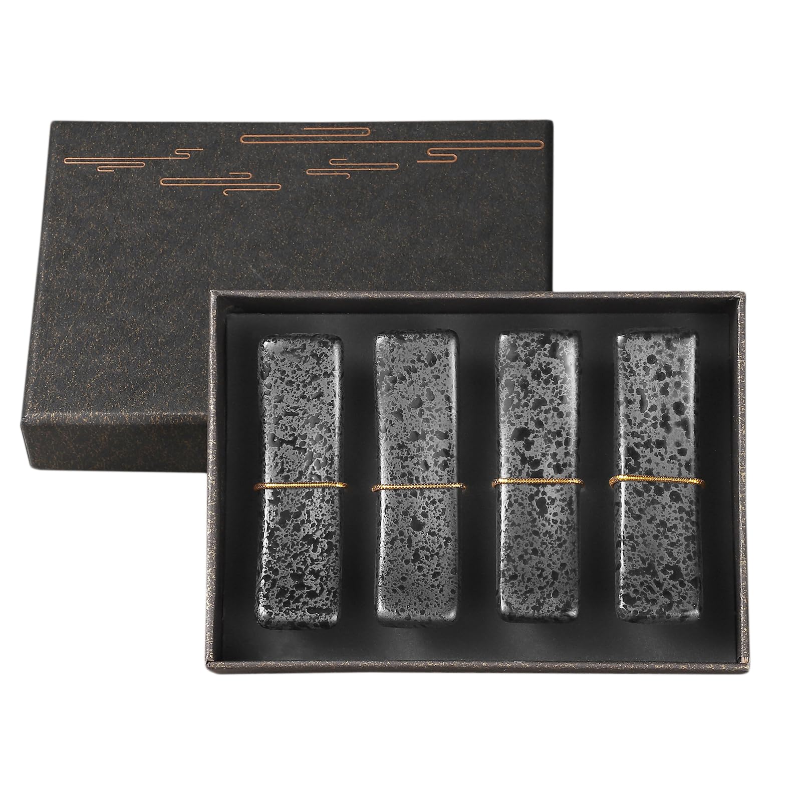 Chopsticks Holder Set of 4 Ceramic Chopstick Stand Rest Rack Spoon Fork Knife Holder Set (Black)