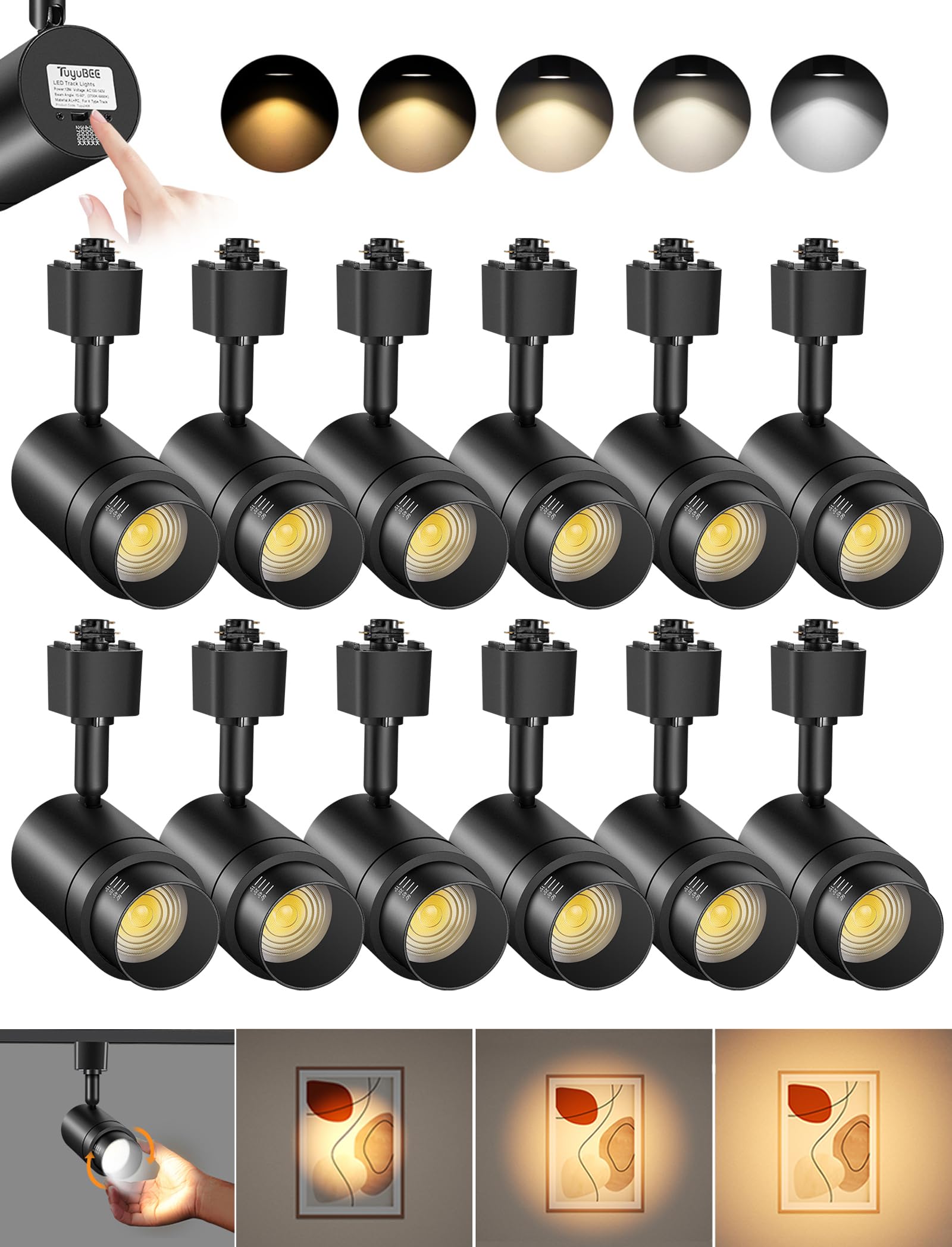 Photo 1 of TuyuBEE 5-Color Zoomable H Track Lighting Heads H Type Track Light Heads Dimmable LED Track Lighting Fixtures Ceiling Spot Light, H Style Track Heads for H Track Lighting Rails Black CRI90 12W 12 Pack