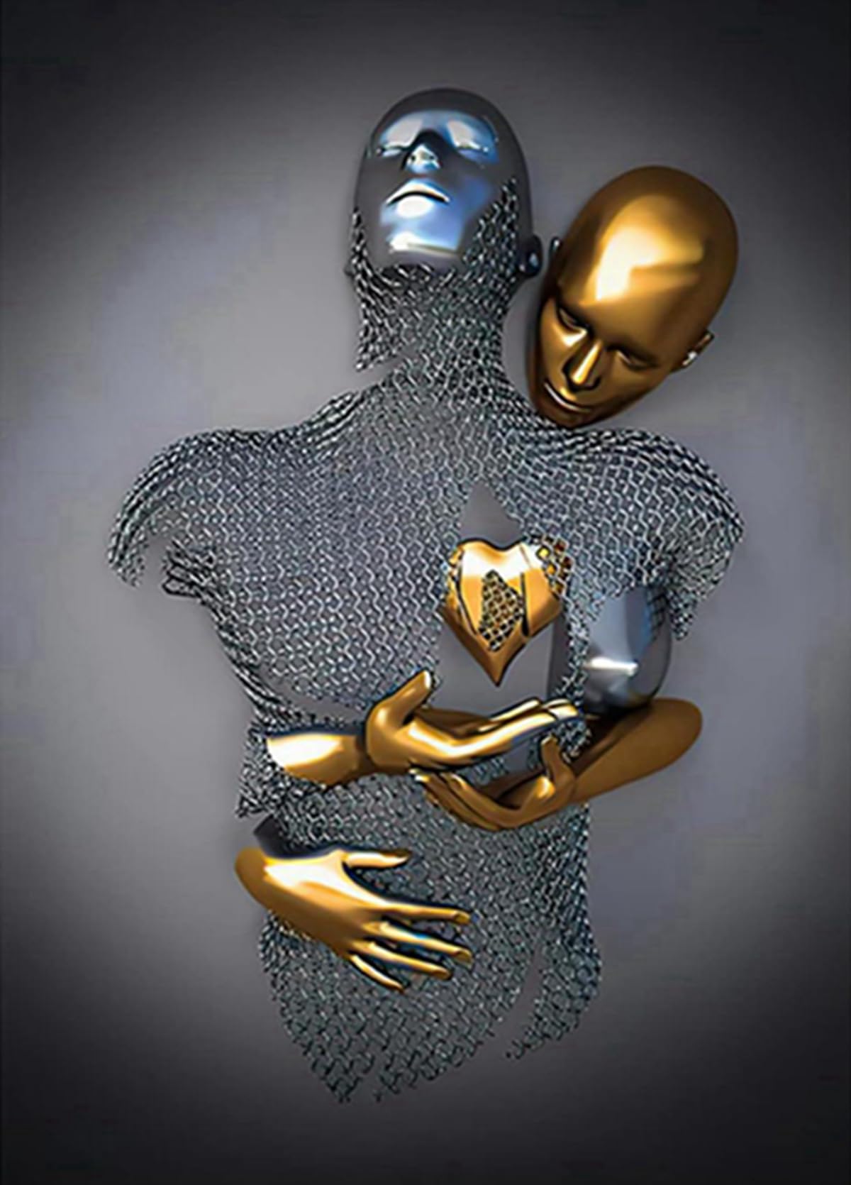 3D Metal Figure Statue Art Canvas Painting Romantic Abstract Posters and Prints Lovers Sculpture Poster Love Heart Kiss Pictures - Without Frame (Figure-01, 1 Pieces - 60 x 90 cm)