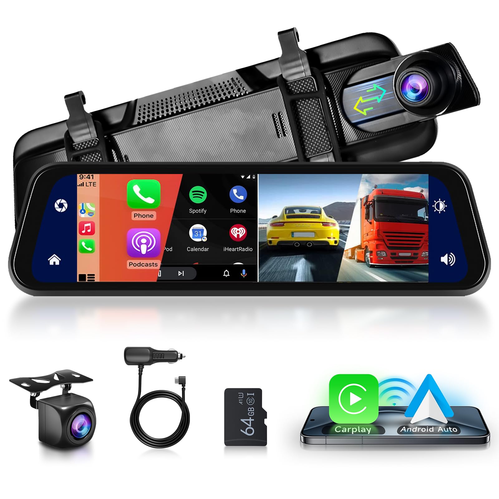 Hodozzy Mirror Dashcam Carplay Wireless Android Car Bluetooth 9.66 Inch IPS Touchscreen Front Camera Rear View Camera Waterproof Night Vision WDR Car Camera Rear View Mirror Parking Monitor 32G TF