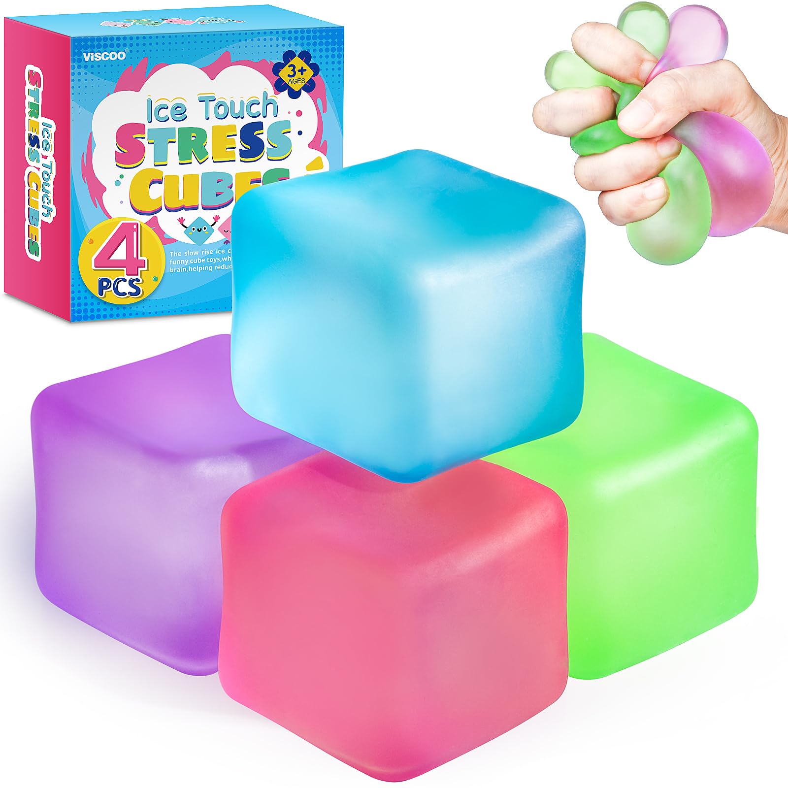 Photo 1 of 4 Pack Stress Cube, Slow Rising Ice Cube Stress Balls for Adults Kids, Sensory Fidget Toy for Anxiety Relief, Square Shape Squishy Balls for Classroom Prizes, Nice Cube Squishy for Party Favors