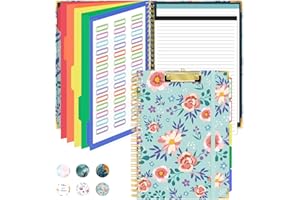 Kisdo Cute Spiral Clipboard Folio with 2 Refillable Lined Notepad for Letter Size(11.5”x8.5”), 5-Tab Colorful Dividers with 10 Pockets, 42 File Folder Labels for Work, Office, School (Green Flower)