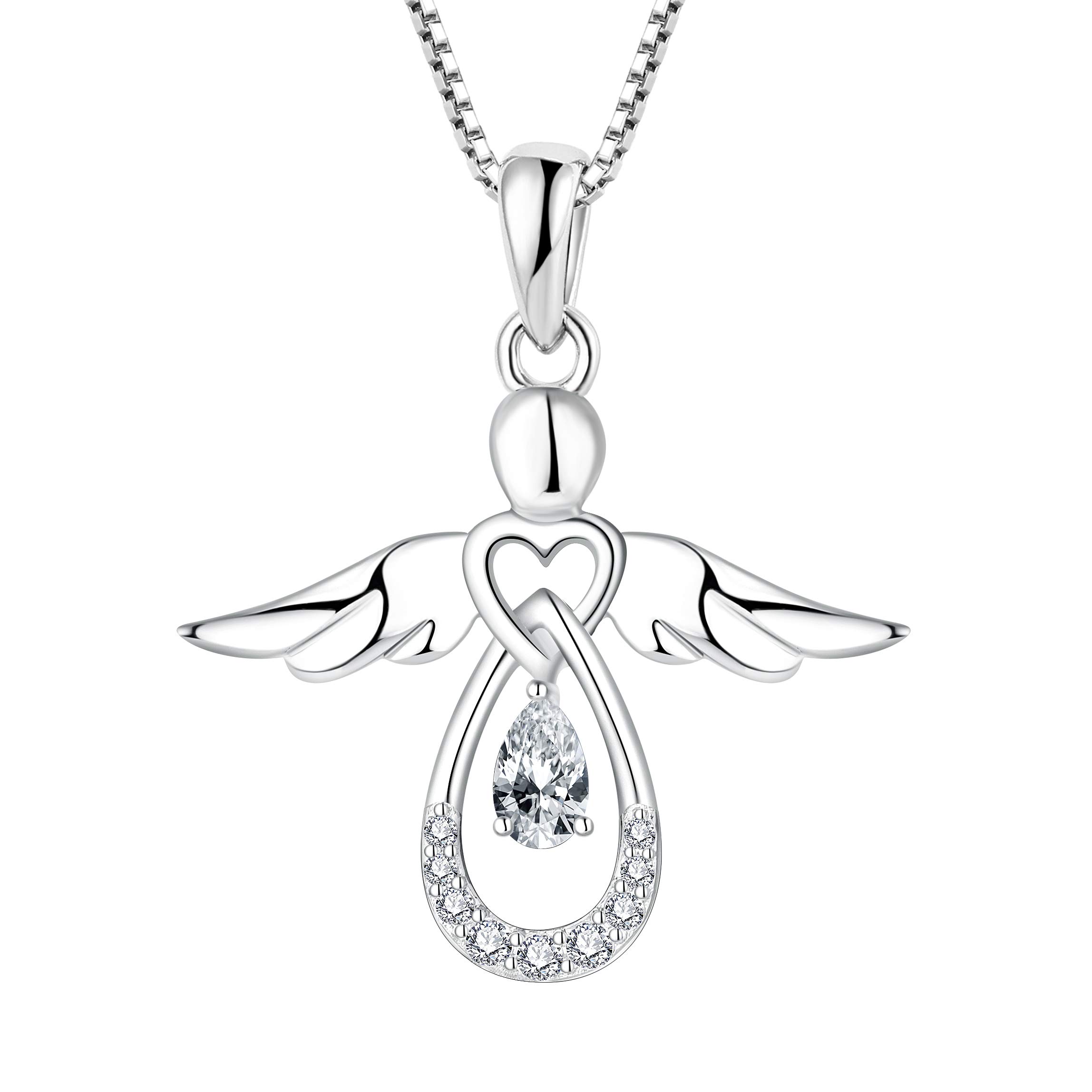 FJ Guardian Angel Necklace 925 Sterling Silver Angel Pendant Cubic Zirconia Necklace April Birthstone Jewellery for Women — image 1