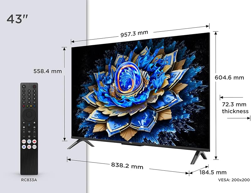 TCL 43T69C QLED 43", Direct LED TV, HDR 4K, Smart TV com Google TV (Dolby Vision e Atmos, Game Master, Motion Clarity, Compatível com Google Assistente e Alexa)