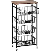 OKZEST Fruit Basket, 5-Tier Utility Kitchen Organizer and Storage Cart with Pull-Out Baskets and Wood Top, Rolling Pantry Kitchen Cart on Wheels for Fruit Potato Onion Vegetable Snack Produce