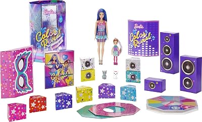 GXJ88 - Color Reveal Überraschungsparty, +50 Überraschungen: 1 Puppe, 1 Chelsea Puppe, 2 Tiere, 6 Farbwechsel, Zubehör & mehr, Tanzparty Set, Spielzeug Geschenk für Kinder ab 3 Jahren