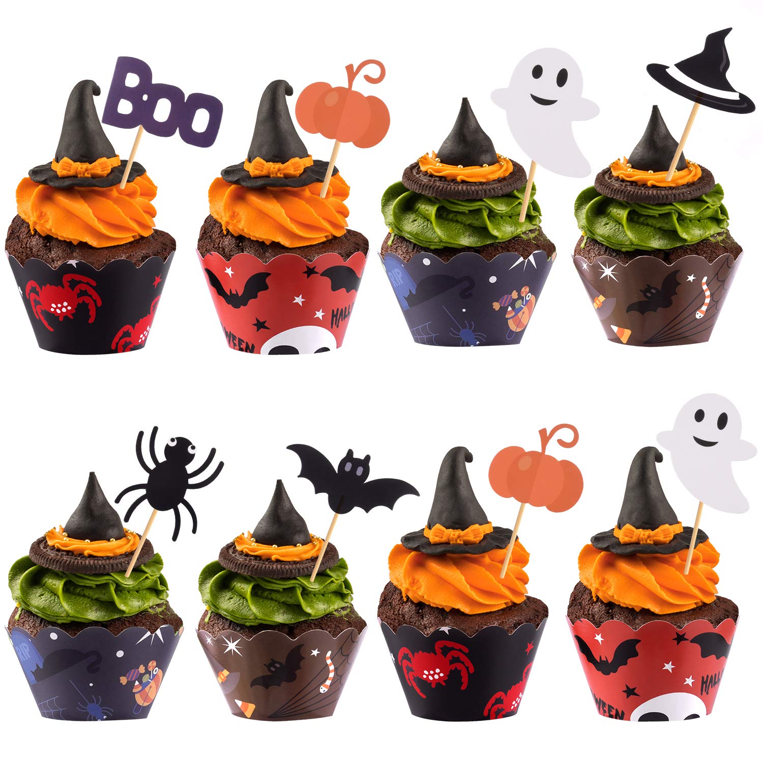 TUPARKA 30Pcs Halloween Cupcake Wrappers Halloween Cake Toppers Decorations Spider Pumpkin Ghost Hand Cake Decorations Supplies
