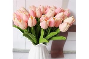DecoForU 15 Pcs Artificial Flowers Tulips Real Touch Fake Flowers Tulips Flowers Arrangement Bouquet for Home Room Office Wed