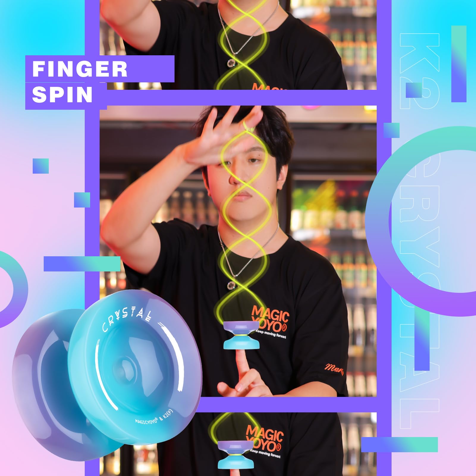 Yoyo Professional K2 Crystal Yo Yo, Responsive Yo-yo for Kids Beginners, Dual Purpose Yoyo for Adults Advanced + Unresponsive Yo-Yo Bearing + 12 Strings+Storage Bag + Bearing Tool ( Blue Purple)