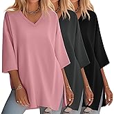 Huukeay 3 Pack Women's 3/4 Sleeve Oversized T-Shirts V Neck Knit Workout Casual Tunic Tops Side Split Loose Basic Tees