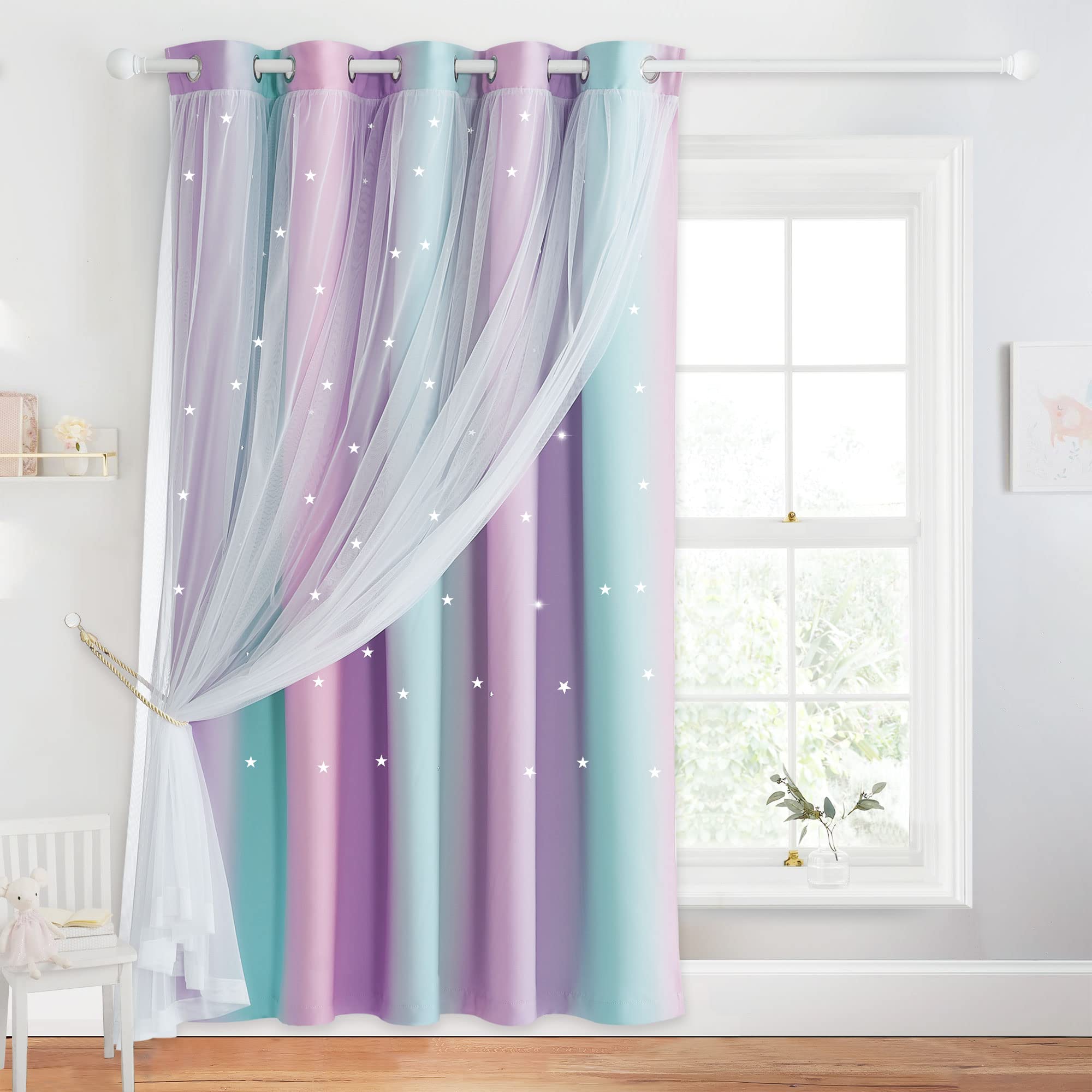 NICETOWN Girls Curtains 84 inches Long for Bedroom, Kids Star Cutout Rainbow Room Darkening Ombre Stripe Curtains for Baby Nursery/Sliding Glass Door, 1 PC, Blue & Purple & Pink, 70" W Image