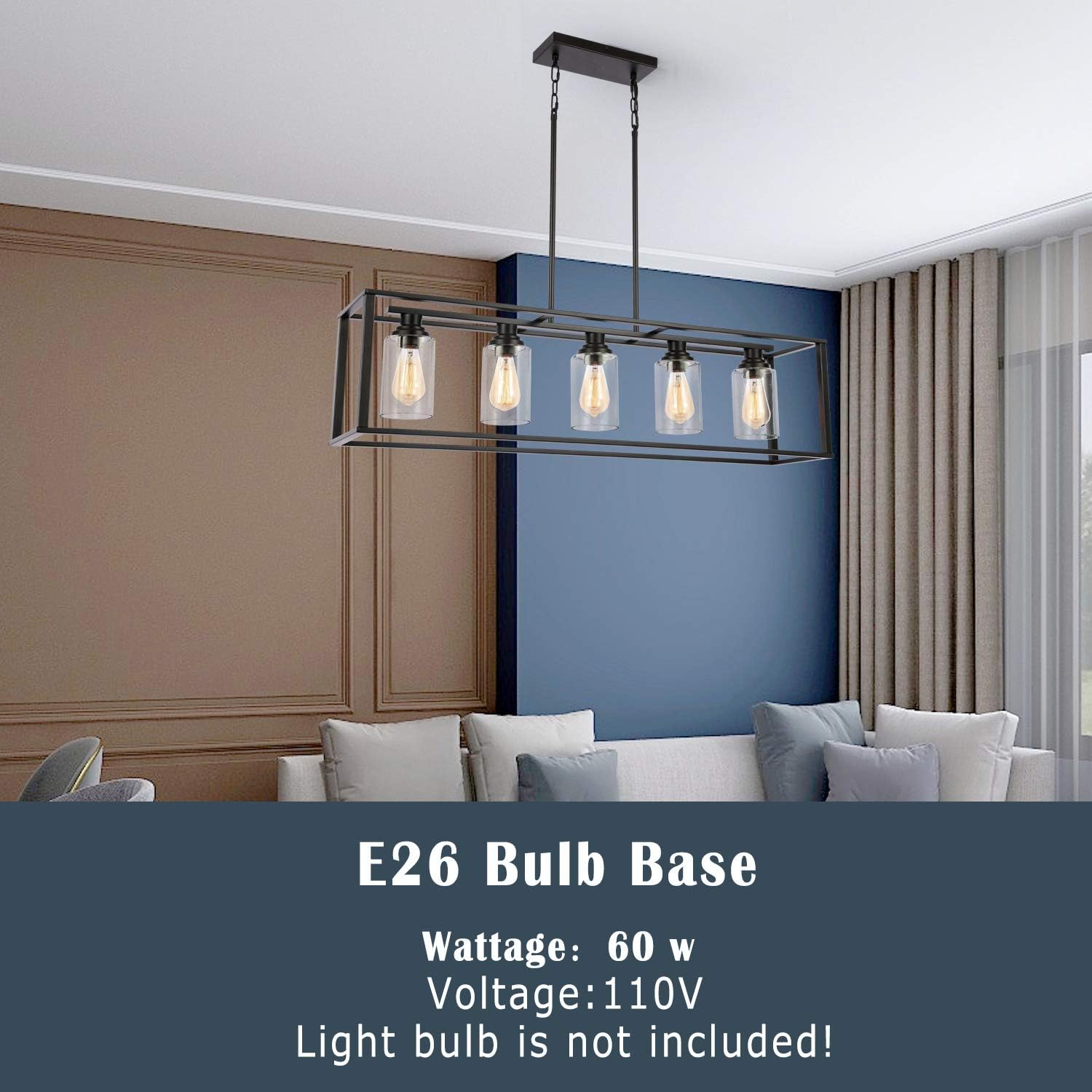 LUBURS Kitchen Island Lighting - 5 Lights Chandelier, Black Pendant Lighting with Metal Adjustable Rods&Clear Glass Shade, Vintage Pendant Ceiling Lamp for Dining Room Kitchen Living Room Farmhouse - - 