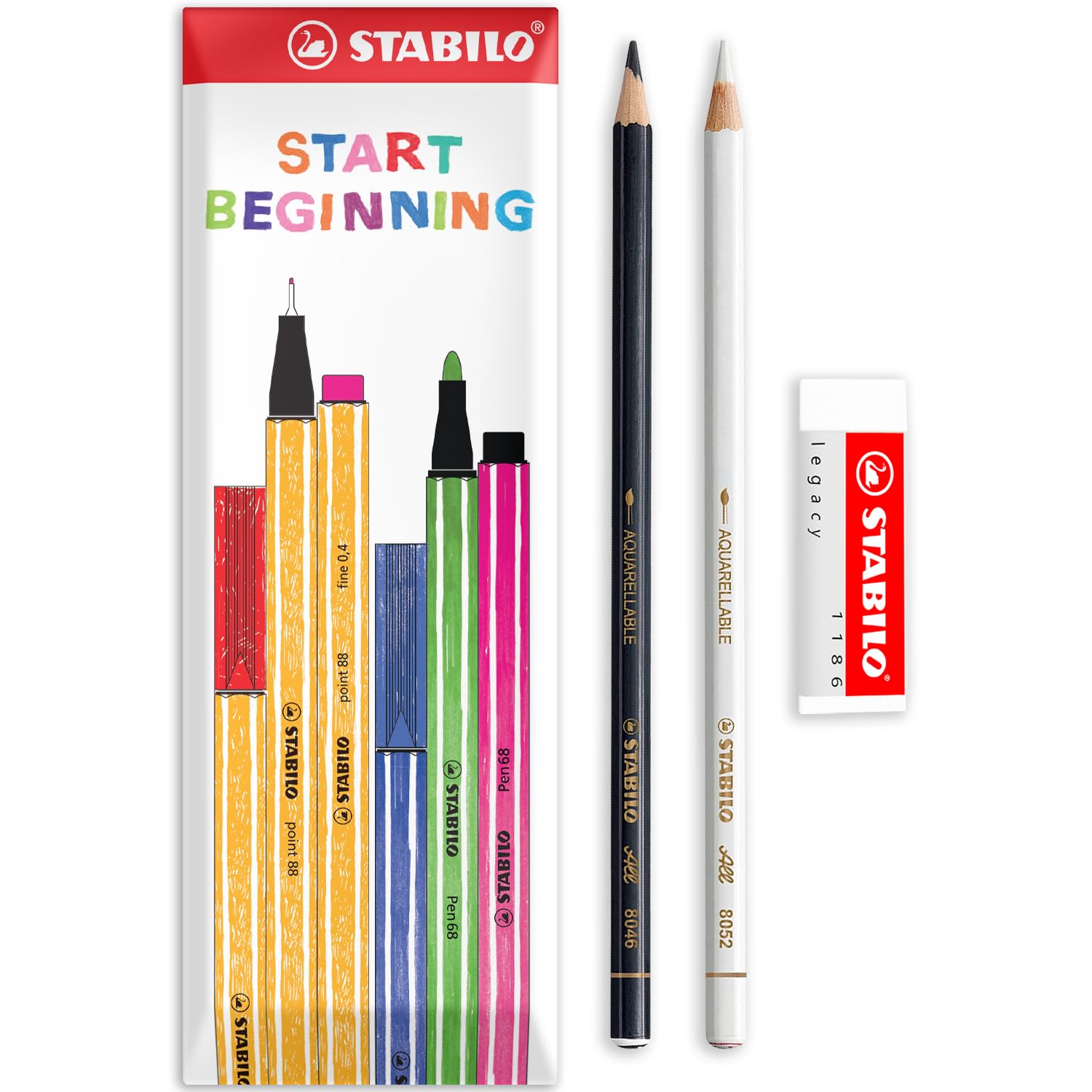 STABILO Coloured Pencil for Almost All Surfaces All - Pack of 2 - Black & White + Legacy Eraser - In Envelope Gift Packaging